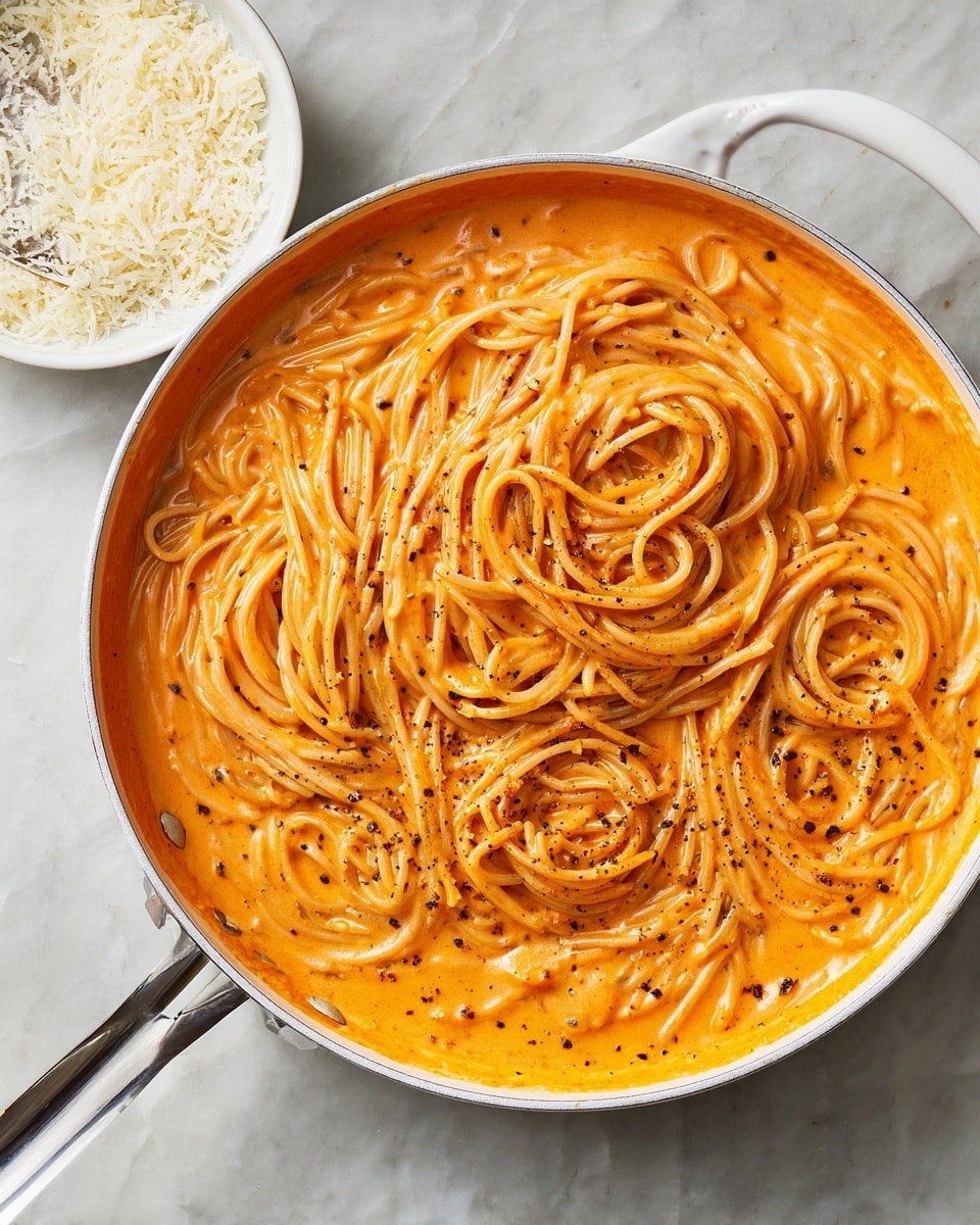 A white pan filled with long, thin spaghetti noodles covered in a smooth, creamy orange sauce that looks rich and thick, with small black pepper flakes scattered over the top. The noodles are slightly piled in the center with swirls, showing the sauce coating every strand evenly. The pan sits on a white marbled surface, next to a white bowl filled with finely grated cheese and a spoon resting inside. photo taken with an iphone --ar 4:5 --v 7