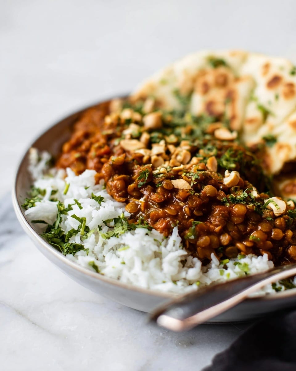 The dish shows a close-up of a white bowl filled with three main layers. The bottom layer is plain white rice mixed with fresh green herbs, creating a soft texture. The middle layer is a thick, rich reddish-brown lentil curry with visible lentils, giving a chunky texture, topped with chopped light tan nuts scattered all over. On the side, there is a piece of flatbread with flecks of green herbs, slightly off-white and soft, resting next to the rice and curry. The bowl sits on a white marbled surface, and there is a blurred silver fork in the foreground. photo taken with an iphone --ar 4:5 --v 7