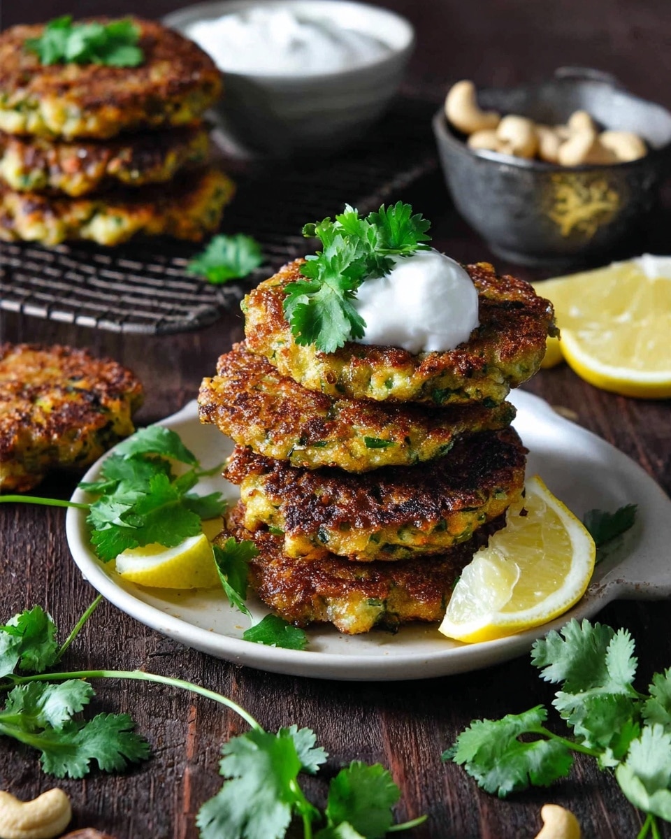 A white plate holds a stack of five golden-brown fritters with a crispy, textured surface, each showing green specks of herbs inside. On top of the stack, there is a dollop of white sour cream garnished with fresh green cilantro leaves. Between the fritters, a bright yellow lemon wedge peeks out. Around the plate, fresh cilantro sprigs are scattered on a dark wooden surface. In the background, there is a small white bowl filled with sour cream and a metal cup with cashews, along with three lemon wedges. Another stack of fritters rests on a cooling rack behind the plate. photo taken with an iphone --ar 4:5 --v 7