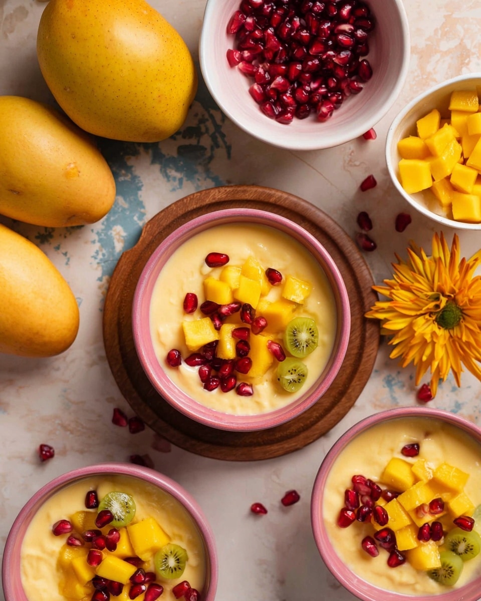 Three pink bowls filled with a creamy pale yellow mango pudding, each topped with bright yellow mango cubes, deep red pomegranate seeds, and two green grape slices. One bowl is placed on a small round wooden board in the center. Around them, whole ripe yellow mangoes, white bowls with more mango cubes and pomegranate seeds, and two bright yellow flowers rest on a white marbled surface. The colors are vibrant and fresh, with a warm, inviting look. Photo taken with an iphone --ar 4:5 --v 7
