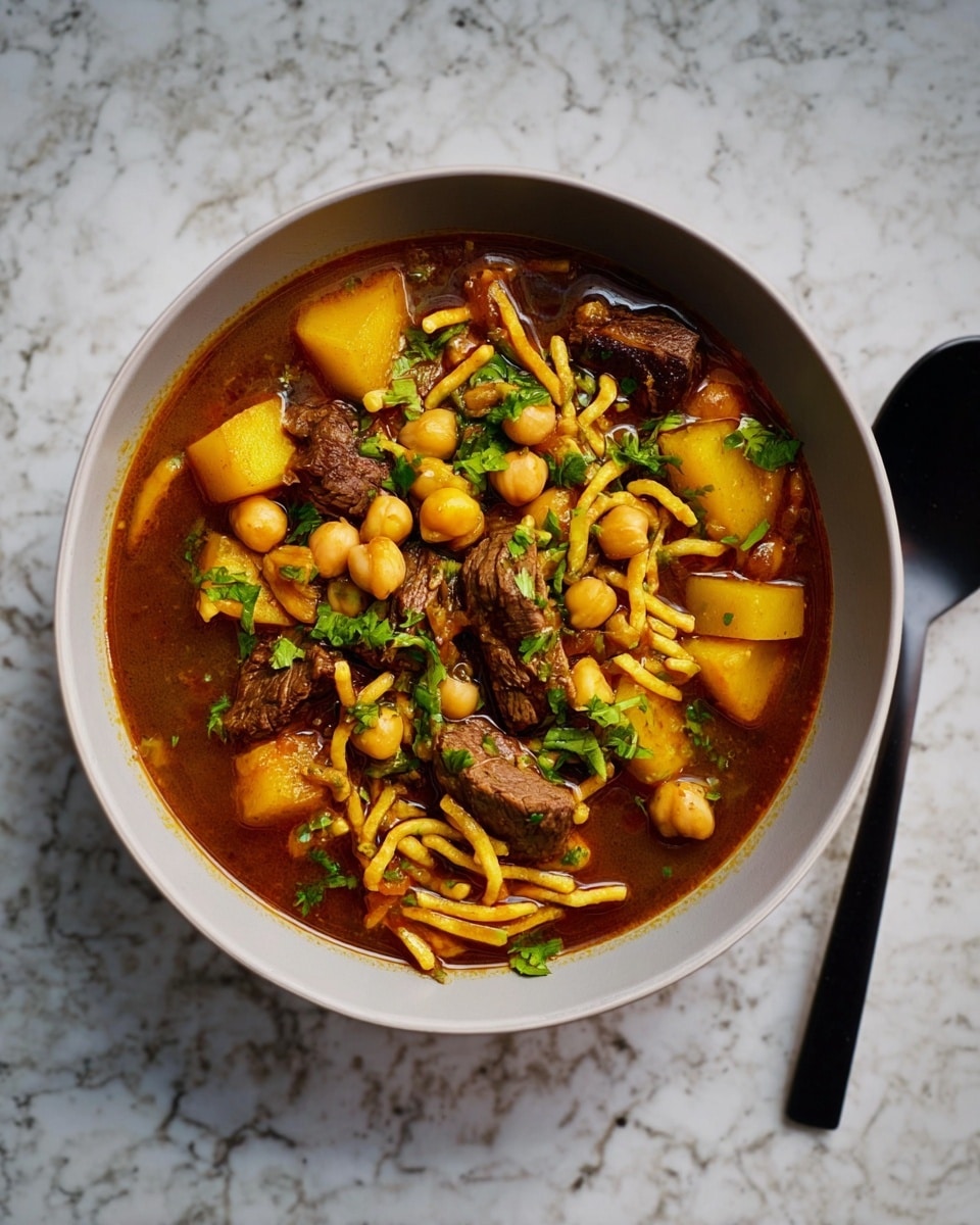 A deep bowl filled with a stew showing several layers: the base is a rich, brownish-red broth, floating in it are soft yellow potato cubes and small noodles twisted lightly in golden-yellow strands. There are dark brown chunks of meat scattered throughout, along with round, pale yellow chickpeas. Bright green parsley leaves are sprinkled on top, adding a fresh touch. The bowl is white and placed on a white marbled surface, next to a black spoon. photo taken with an iphone --ar 4:5 --v 7