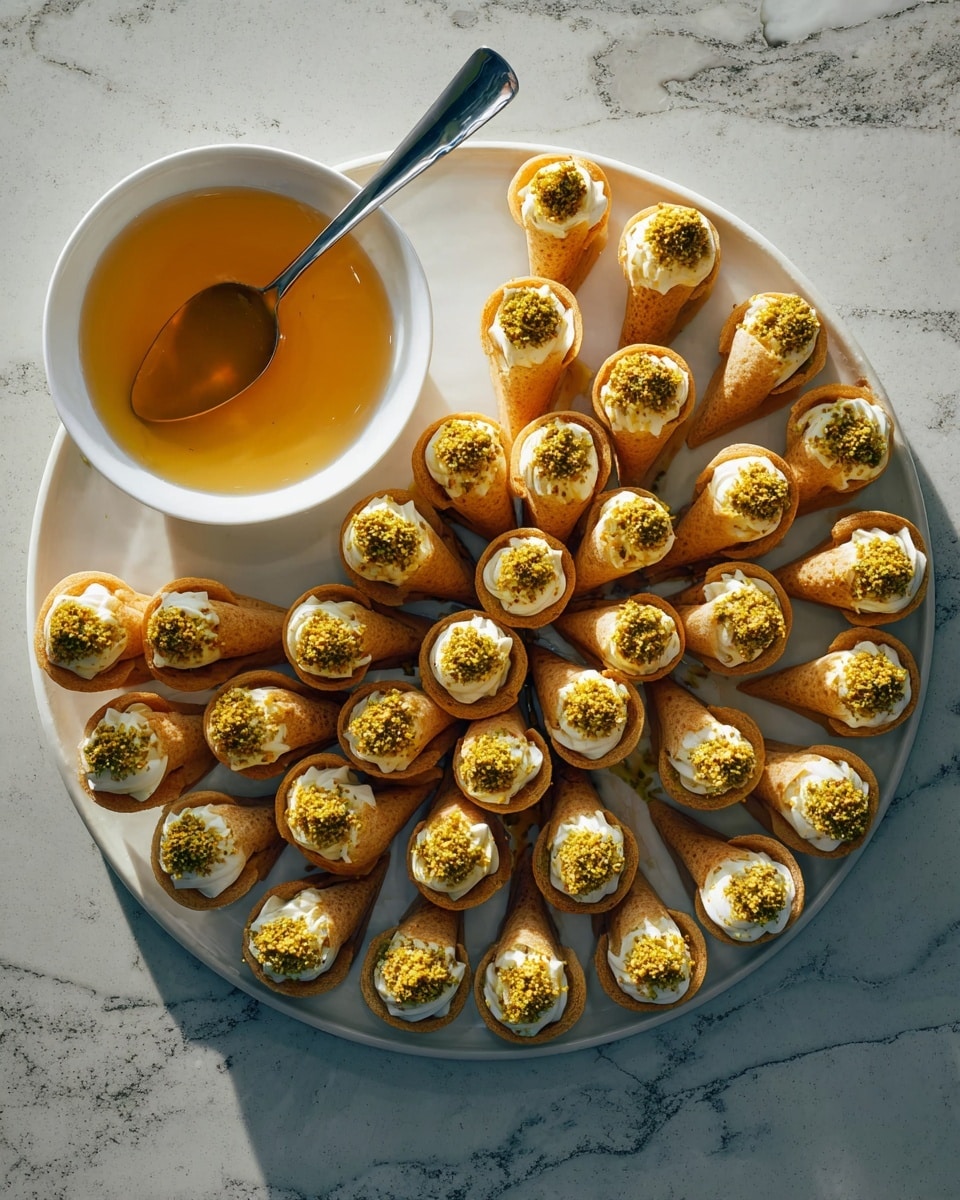 A large white round plate holds about thirty small, cone-shaped pastries arranged in neat circles. Each pastry has a golden brown outer shell with a smooth, creamy white filling inside, topped with a coarse sprinkle of crushed yellow-green nuts. To the left of the plate, a small white bowl filled with a light amber syrup sits on a white marbled surface, with a spoon resting inside. The overall scene is bright, with natural lighting highlighting the textures and colors, photo taken with an iphone --ar 4:5 --v 7