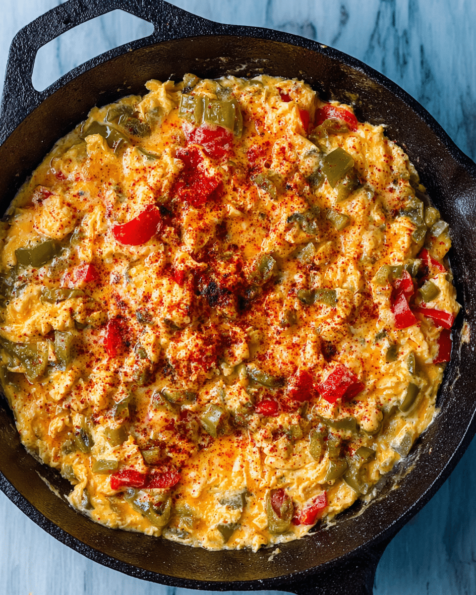 A close-up top view of a cooked scrambled egg dish in a black cast iron skillet, showing one layer with mixed ingredients like diced green and red bell peppers and tomatoes, with a slightly creamy and ruffled texture. The eggs have a yellow and orange color, with some juicy red and green vegetable pieces mixed in, and are lightly sprinkled with a red spice on top. The skillet is placed on a white marbled texture surface. Photo taken with an iphone --ar 4:5 --v 7