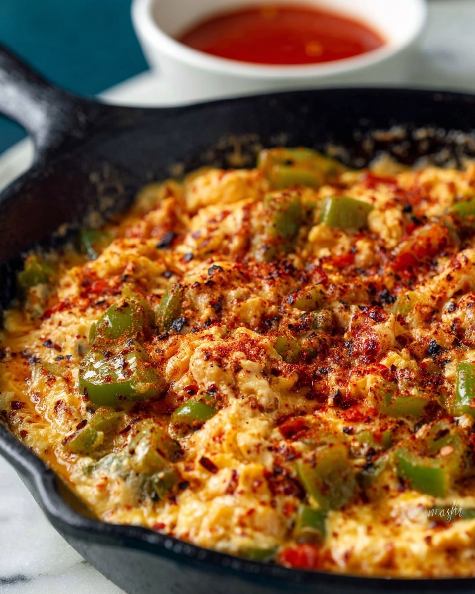 A close-up view of a cooked dish in a black cast iron skillet, showing a textured and vibrant mix of three main layers: at the base, soft, lightly scrambled eggs with creamy, yellowish tones; scattered throughout are chunky pieces of cooked green and red bell peppers showing bright green and warm reddish hues; the top layer appears to be a sprinkling of red chili flakes and seasonings adding deep reddish specks. The dish looks slightly oily with a glossy finish, and the skillet sits on a white marbled surface with a blurred white bowl containing red sauce in the background. photo taken with an iphone --ar 4:5 --v 7