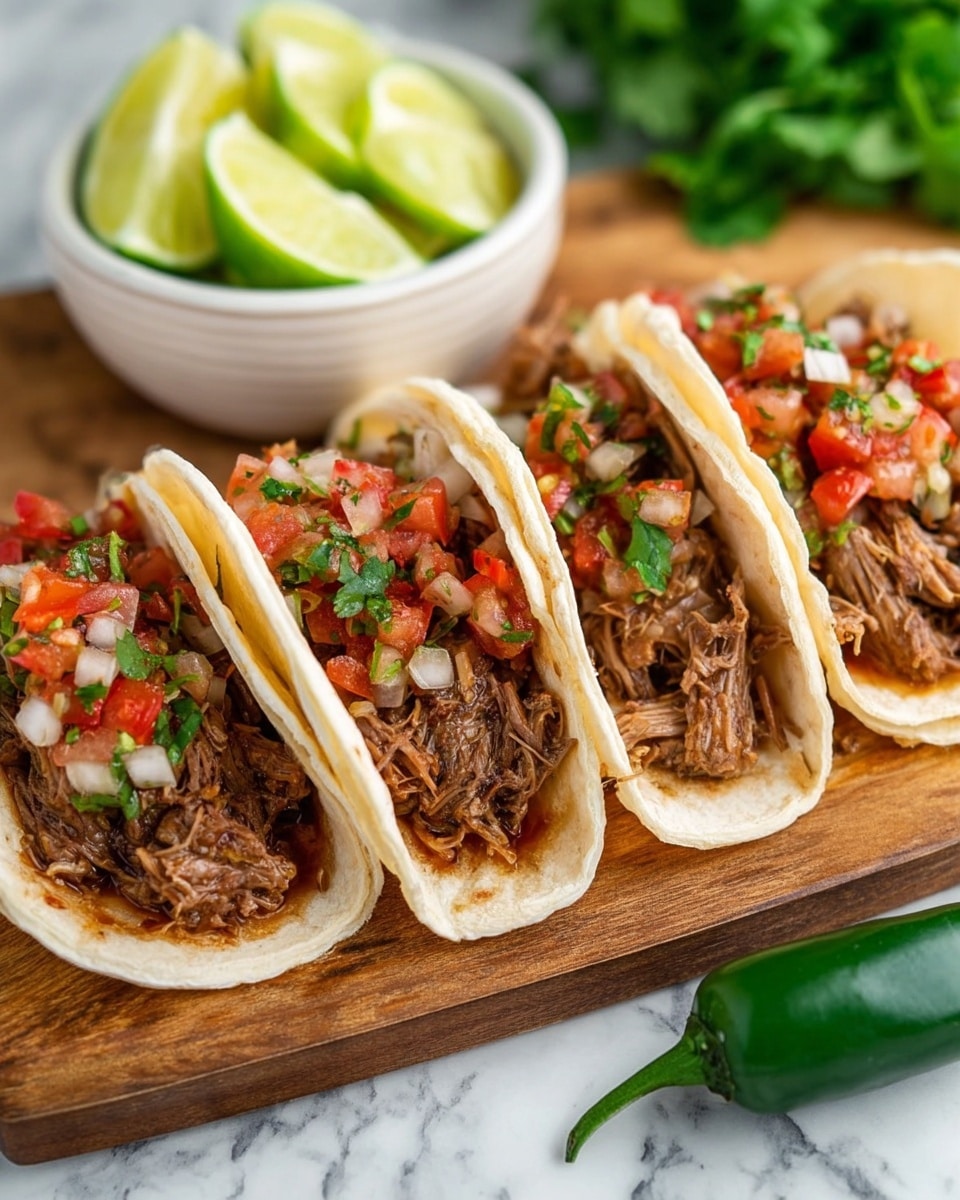 The image shows four soft tacos placed in a row on a wooden board. Each taco has a soft white tortilla shell folded in half, filled with shredded brown meat as the first layer, which looks juicy and tender. On top of the meat, there is a second layer of colorful salsa made of small chunks of red tomatoes, white onions, and green cilantro, adding texture and brightness. Behind the tacos, there is a white bowl filled with lime wedges, and a green jalapeño pepper is seen in the front on the white marbled surface. Photo taken with an iphone --ar 4:5 --v 7