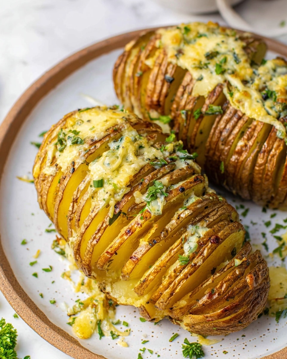 The image shows two large Hasselback potatoes on a white plate with a brown rim, placed on a white marbled surface. Each potato is thinly sliced across but still connected at the base, creating many layers. Melted cheese with herbs is drizzled over the top, filling some of the gaps between the potato slices. Small green parsley pieces are scattered over the potatoes and plate, adding color contrast. The potato skin is brown and slightly crispy, while the inner layers are soft and yellow. Photo taken with an iphone --ar 4:5 --v 7