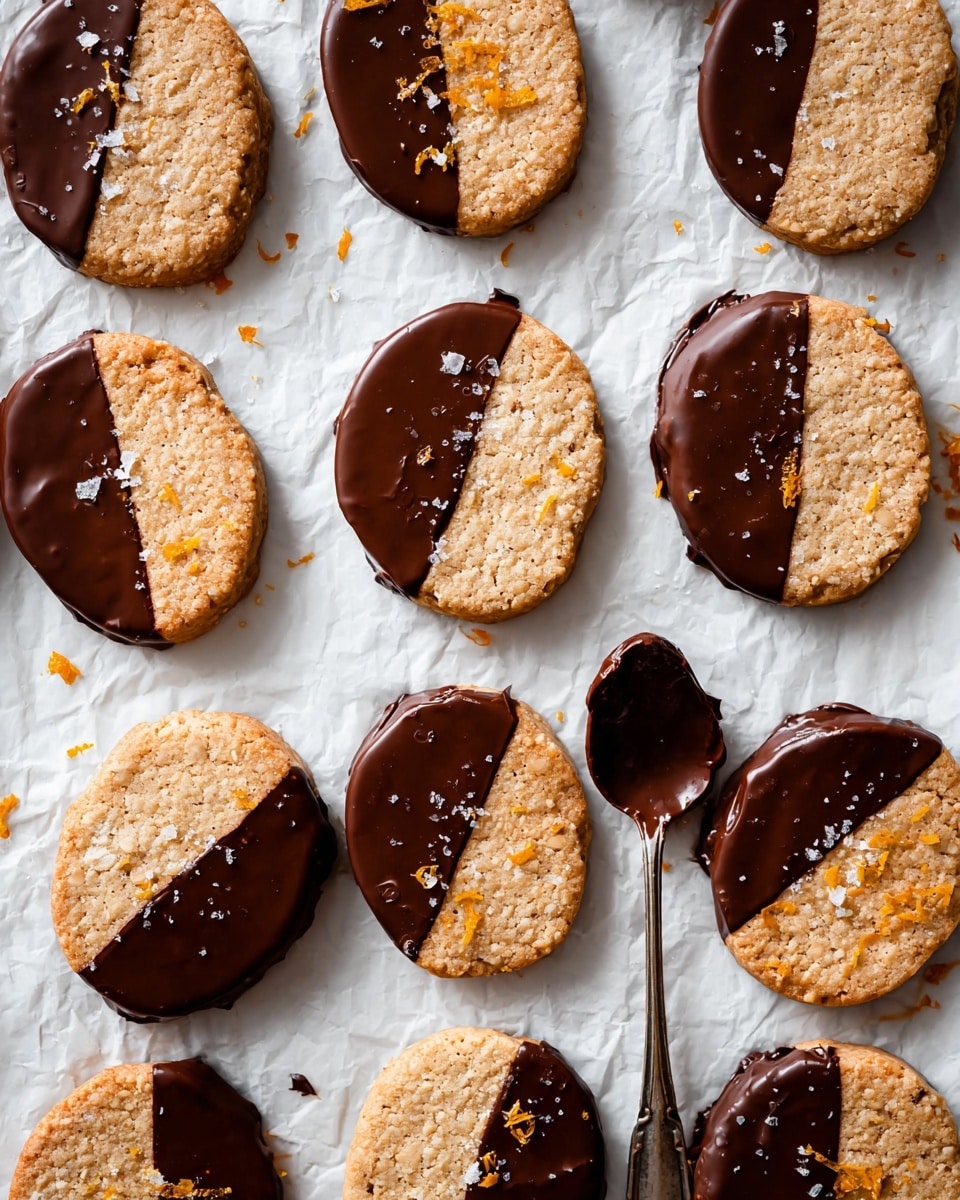 The image shows about fifteen oval-shaped cookies arranged on a white marbled texture. Each cookie is half dipped in smooth, shiny dark chocolate covering one side, while the other side remains a light tan color with a slightly rough texture and visible bits of orange zest and oats. Some cookies have small flakes of coarse salt and tiny orange zest pieces sprinkled on the chocolate side. The cookies are placed on crinkled white paper, and a spoon smeared with chocolate lies on the right side, adding a natural, homemade feel to the scene. photo taken with an iphone --ar 4:5 --v 7