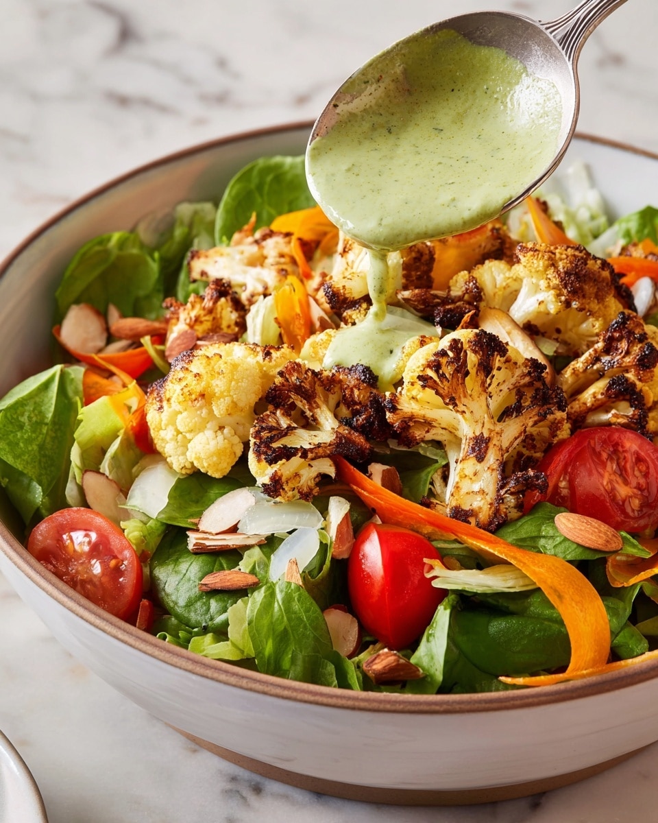 A fresh salad is shown in a white bowl with a light brown rim, placed on a white marbled surface. The salad contains several layers: at the bottom are green leafy vegetables with smooth, crisp textures, followed by thin, curled orange carrot ribbons scattered throughout. Roasted cauliflower florets with dark brown charred spots and a rough texture sit on top. Bright red tomato halves are mixed in, adding a juicy, smooth layer. Thin, translucent slices of cooked onions and small almond slices add more texture. A silver spoon holds a thick, creamy green dressing above the salad, about to drizzle it. Photo taken with an iphone --ar 4:5 --v 7