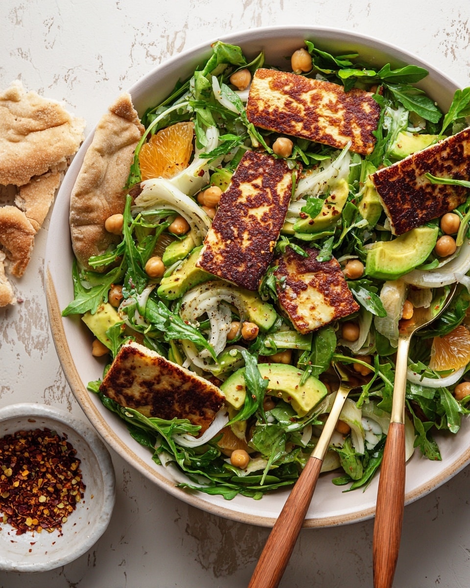 A large white bowl filled with a fresh salad consisting of several layers: at the base is a bed of dark green arugula leaves mixed with light green fennel slices, then slices of bright green avocado and light green chickpeas are scattered throughout. Bright orange segments add a splash of color along with chunks of golden-brown grilled halloumi cheese placed on top. There are pieces of torn pita bread with a light brown crust resting around the salad. Two wooden salad spoons with gold handles rest inside the bowl on the right side. The bowl is set on a white marbled textured surface next to a small white bowl with red pepper flakes. Photo taken with an iphone --ar 4:5 --v 7