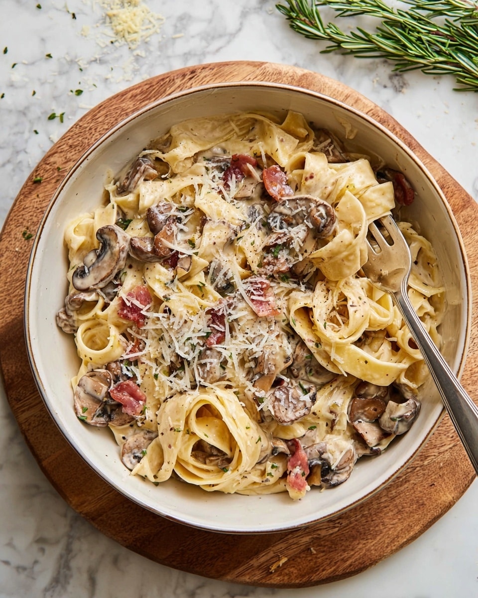 A white bowl filled with creamy fettuccine pasta mixed with sautéed brown mushrooms and pieces of cooked bacon, all lightly coated in a smooth white sauce. The pasta strands are wide and curled, some twisted around a silver fork resting on the right side of the bowl. The dish is sprinkled with shredded white cheese and specks of black pepper for texture. The bowl is placed on a round wooden board, set against a white marbled surface, with a sprig of fresh rosemary and some scattered cheese flakes nearby. Photo taken with an iphone --ar 4:5 --v 7