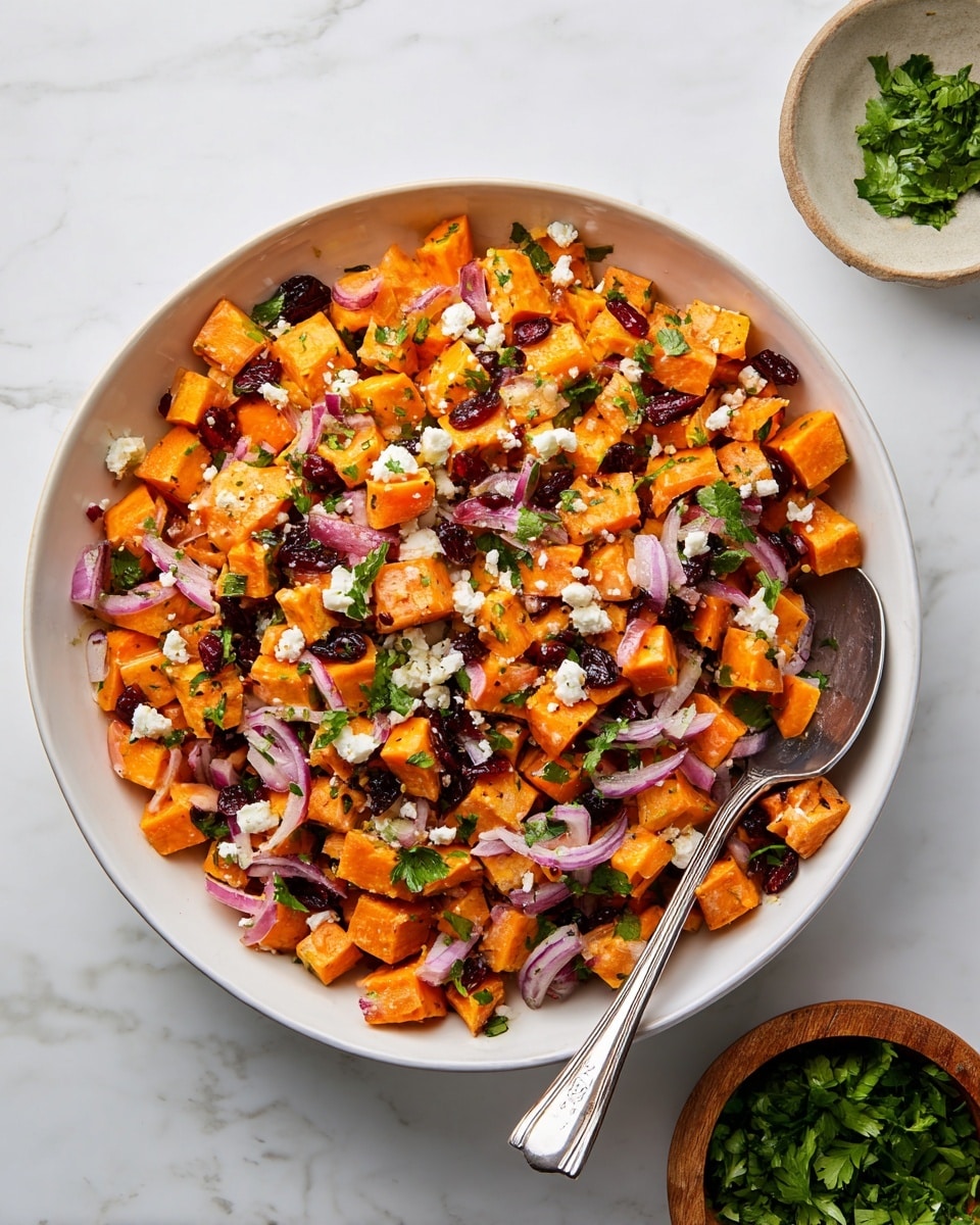 A large white bowl filled with a colorful sweet potato salad, showing one main layer of small, cubed orange sweet potatoes mixed with thin slices of light purple onions and scattered dark red dried cranberries. There are small chunks of white cheese sprinkled evenly on top, along with fresh green parsley leaves spread out over the salad. A silver spoon rests inside the bowl on the right side. Near the bowl, there is a small wooden bowl containing more fresh green parsley leaves, set on a white marbled surface. photo taken with an iphone --ar 4:5 --v 7