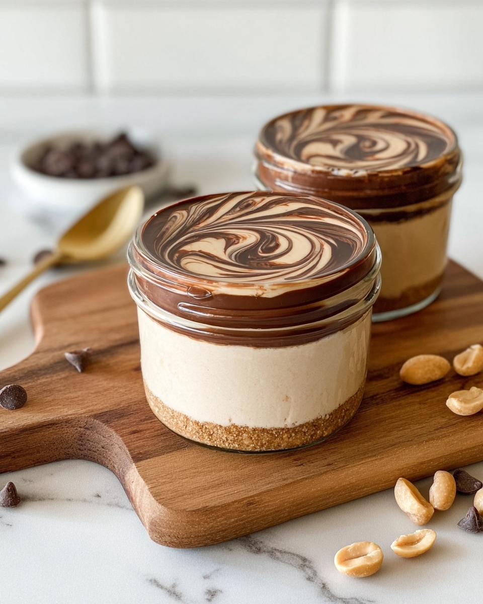 Two jars of a creamy dessert are shown on a wooden board placed over a white marbled surface. Each jar has two visible layers: a smooth light beige cream filling the lower part and a dark brown topping with a beige swirl pattern on top, creating a marbled effect. Around the jars, there are scattered mixed nuts including peanuts, almonds, and some chocolate-covered pieces. A gold spoon and two thin gold sticks rest on the board to the left of the front jar. photo taken with an iphone --ar 4:5 --v 7