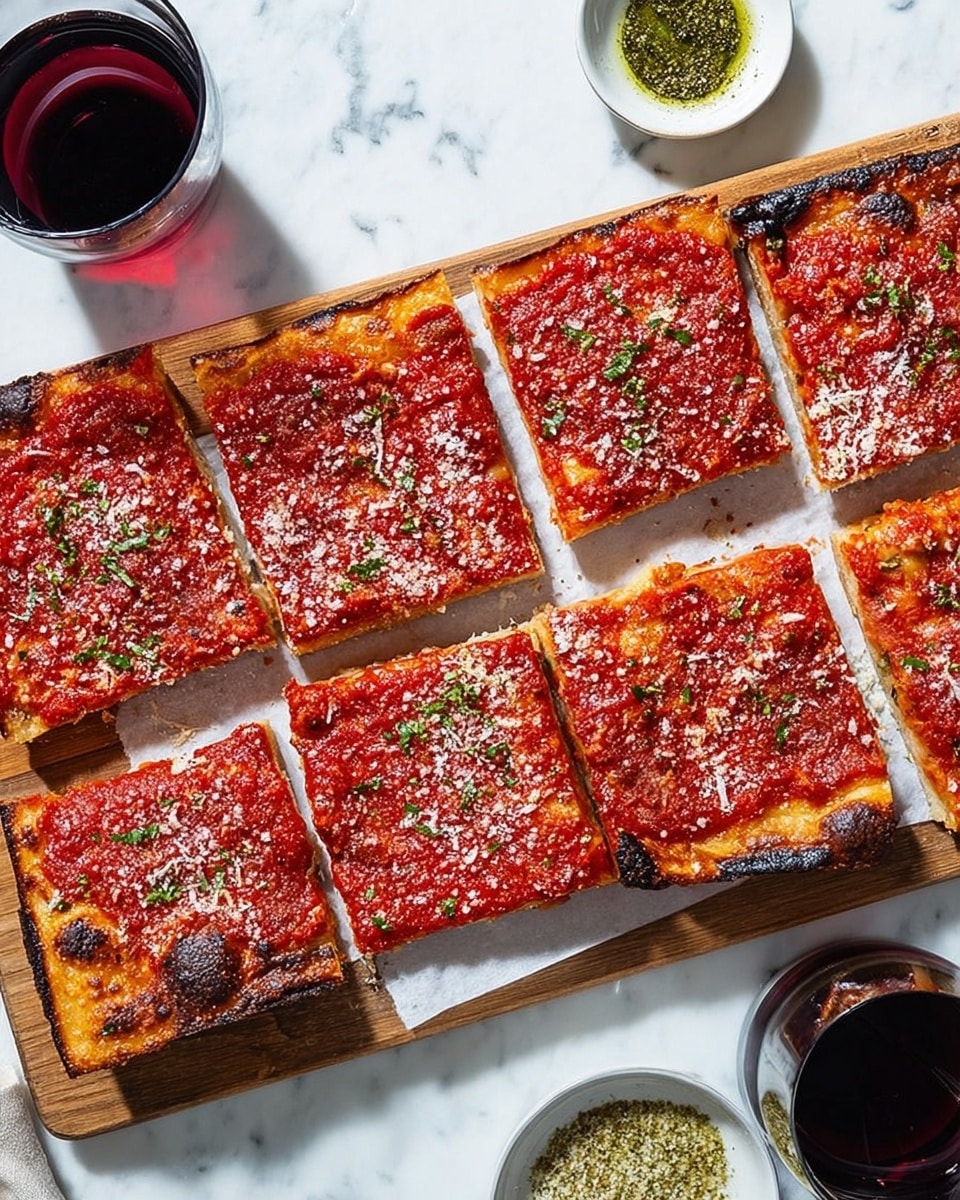 The image shows eight rectangular pieces of thin, crispy pizza arranged on a wooden board with a white surface in the middle. Each pizza piece has three visible layers: a light golden-brown crust at the base, a thick bright red tomato sauce covering most of the surface, and a light sprinkling of shredded white cheese and green herbs on top. The pizza has some darker charred spots on the crust edges and sauce. Around the board, there are two clear glasses filled with dark red wine and a small white bowl that contains green seasoning. All objects are placed on a white marbled surface. Photo taken with an iphone --ar 4:5 --v 7