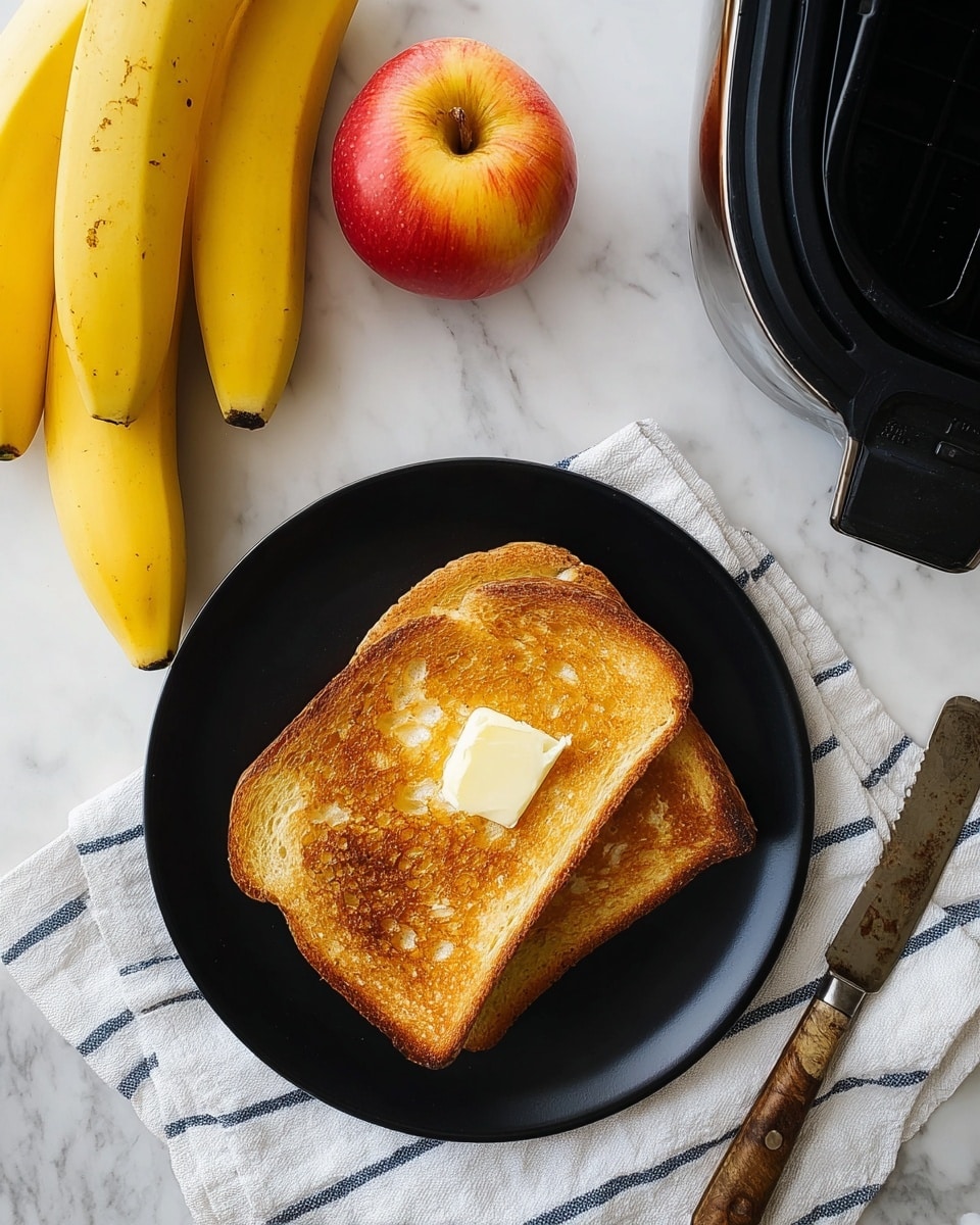 Two slices of golden brown toasted bread stacked on top of each other on a white plate, with the top slice showing a small melting pat of butter in the center. The toast has a crispy texture with some small crumbs around the plate. The background has a white marbled texture, and there is a knife partially visible next to the plate. The lighting highlights the warm tones of the toast. Photo taken with an iphone --ar 4:5 --v 7