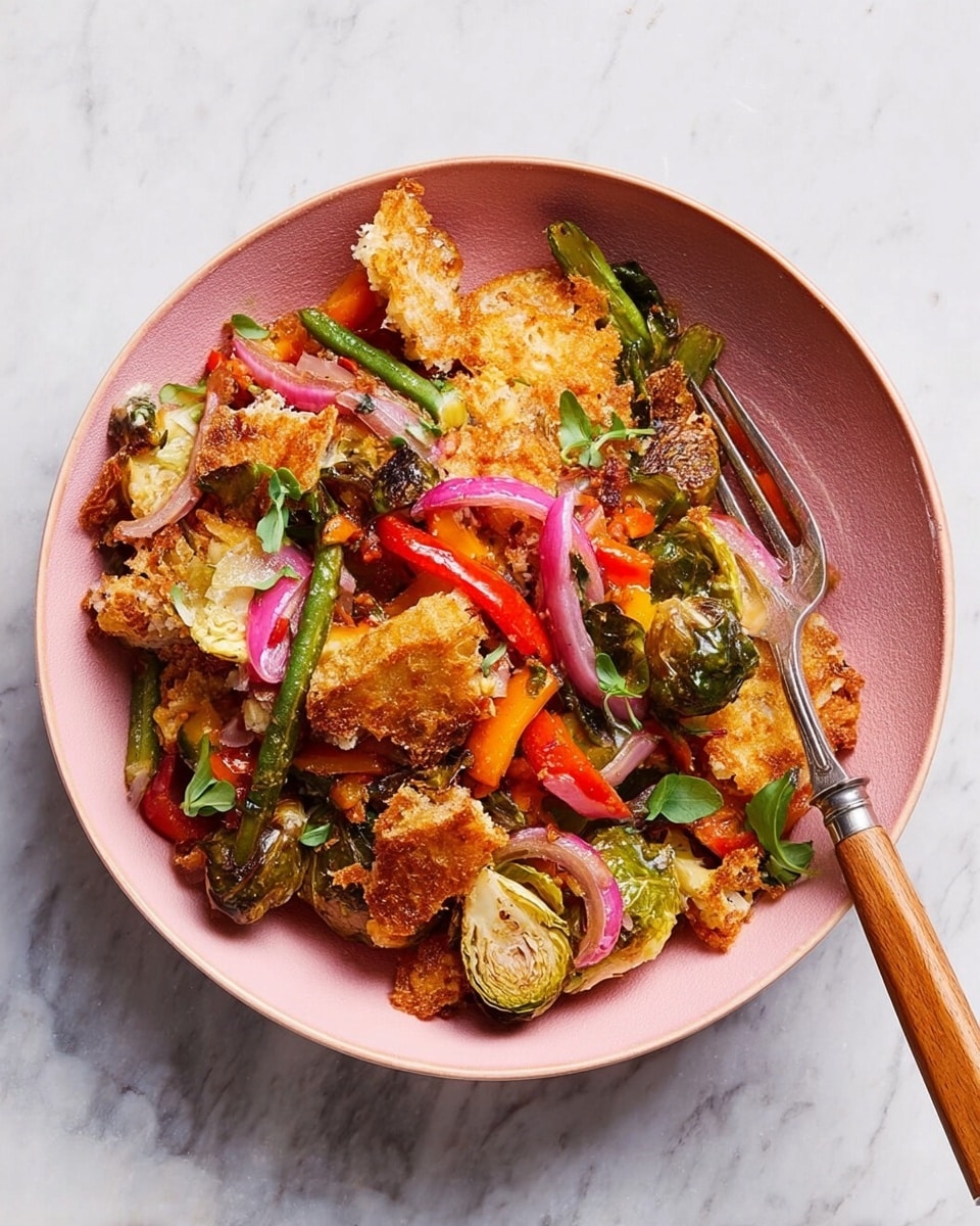 This image shows a pink bowl filled with a colorful vegetable dish placed on a white marbled surface. The dish has several layers, starting with crispy golden-brown pieces that look crunchy and scattered throughout. On top, there are bright, roasted vegetables like red and orange peppers, green beans, and browned Brussels sprouts, all mixed with slices of thin, light purple onions. Small green herbs are sprinkled across the dish, adding a fresh touch. A fork with a wooden handle rests inside the bowl on the right side. photo taken with an iphone --ar 4:5 --v 7