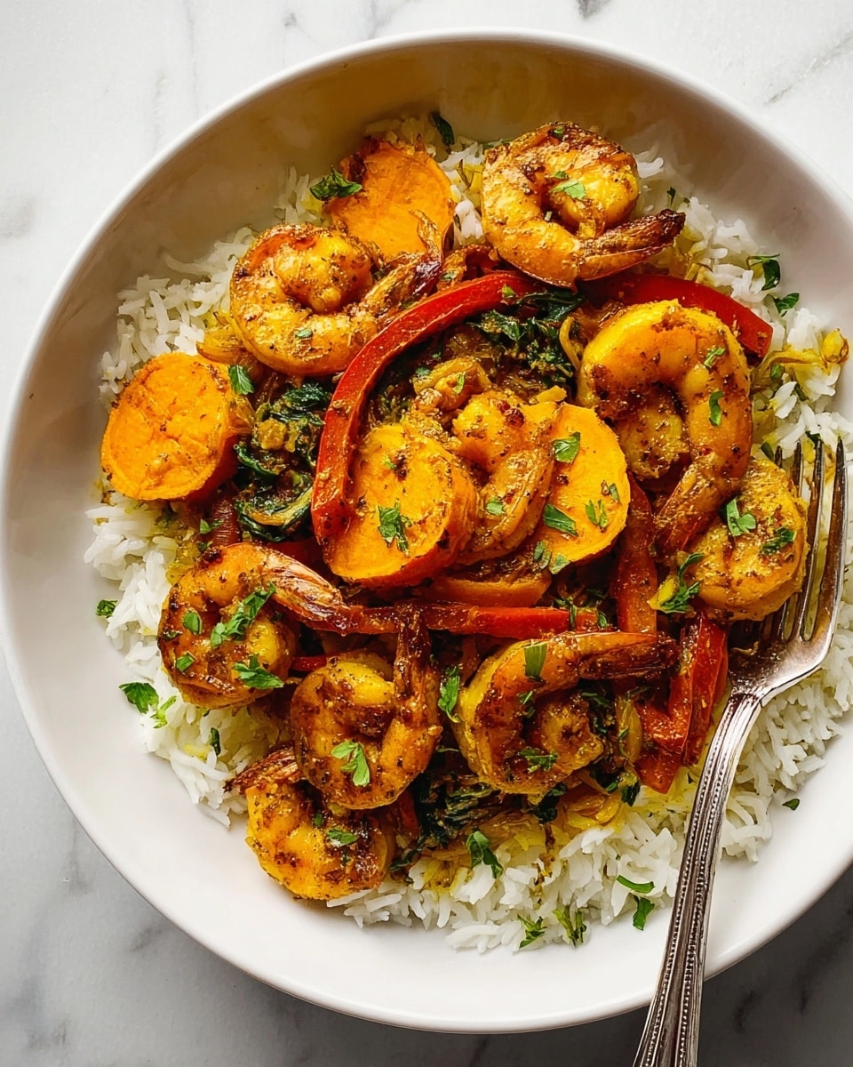 The dish shows a white bowl filled with a base layer of fluffy white rice. On top, there are golden-brown cooked shrimp scattered across, mixed with slices of orange sweet potatoes, and sautéed bell peppers in red and yellow colors. There are also some dark green leafy vegetables mixed in, giving a fresh look. The whole dish is sprinkled with small pieces of green herbs for garnish. A silver fork is placed on the right side of the bowl, all placed on a white marbled surface. photo taken with an iphone --ar 4:5 --v 7