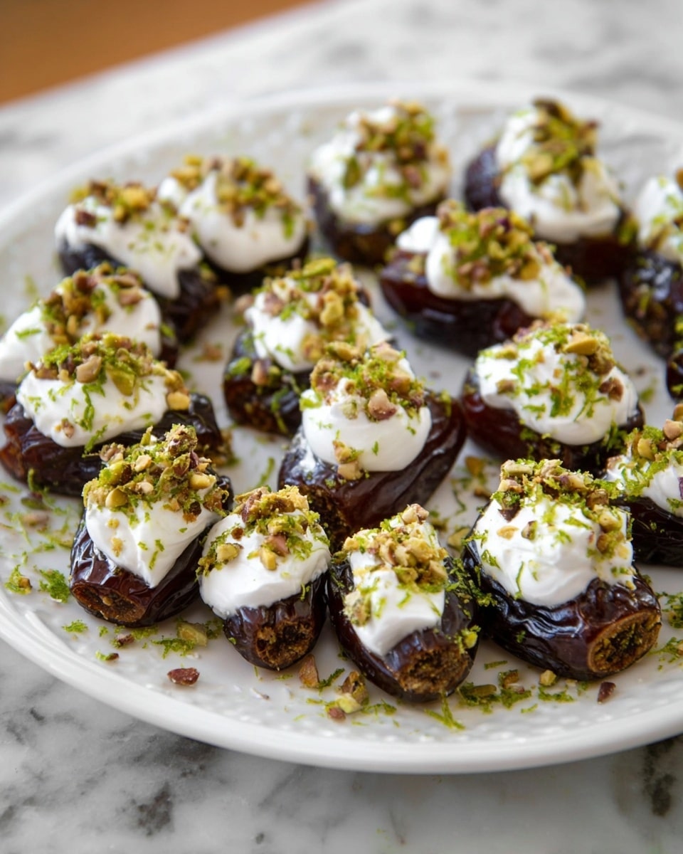 A white plate is filled with two layers of dark brown dates arranged in a loose circle. Each date is topped with a dollop of white creamy topping. On top of each creamy dollop, there is a sprinkle of small chopped green and brown pistachio pieces, adding texture. There are also fine green zest thinly scattered on the dates and plate, adding a fresh look. The white plate is set against a white marbled surface. photo taken with an iphone --ar 4:5 --v 7