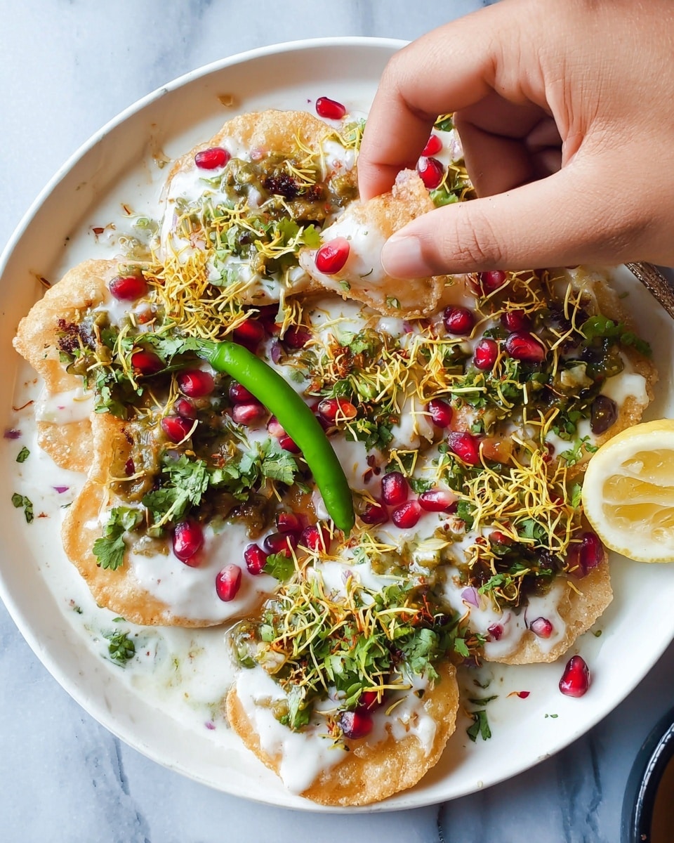 The image shows a white plate filled with a colorful layered Indian street food dish called sev puri. The bottom layer consists of round, crispy pale brown puris, partially covered with a creamy white yogurt sauce mixed with green and brown chutneys. On top, there are bright red pomegranate seeds scattered along with thin, yellow sev noodles, chopped fresh green cilantro, and finely diced white onions. A whole green chili pepper lies across the dish, and a half lemon slice is placed near the top edge of the plate. A woman's hand is seen picking up one puri topped with yogurt, chutney, and pomegranate. The surface underneath is a white marbled texture. photo taken with an iphone --ar 4:5 --v 7