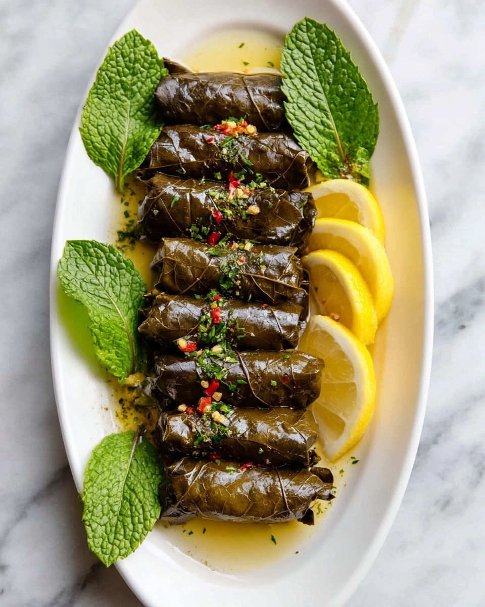 A white oval plate holds two neat rows of dark green grape leaves stuffed and rolled tightly with a shiny, slightly oily texture. The rolls are sprinkled with small pieces of red pepper flakes and finely chopped herbs, adding flecks of red and green on top. At one end of the plate, there are three thin, bright yellow lemon slices partly underneath the grape leaves. Fresh, bright green mint leaves with visible veins are placed on either side of the grape leaves for decoration. The plate is placed on a white marbled surface. photo taken with an iphone --ar 4:5 --v 7