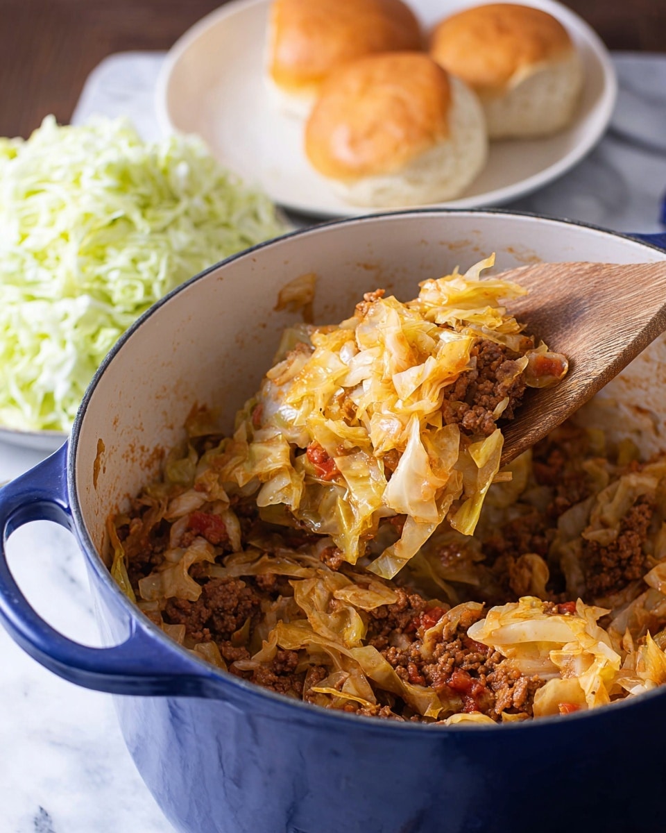 The image shows a large blue pot filled with cooked cabbage and ground meat mixed with small pieces of red tomato in a saucy, lightly oily texture. A wooden spoon lifts a generous scoop of the cabbage and meat mix from the pot, showing layers of soft, slightly translucent cabbage leaves in pale yellow and orange shades, mingled with browned ground meat and red tomato bits. Behind the pot, there is a white plate with two golden brown bread rolls on one side and a pile of shredded pale green cabbage on a white marbled surface. Photo taken with an iphone --ar 4:5 --v 7