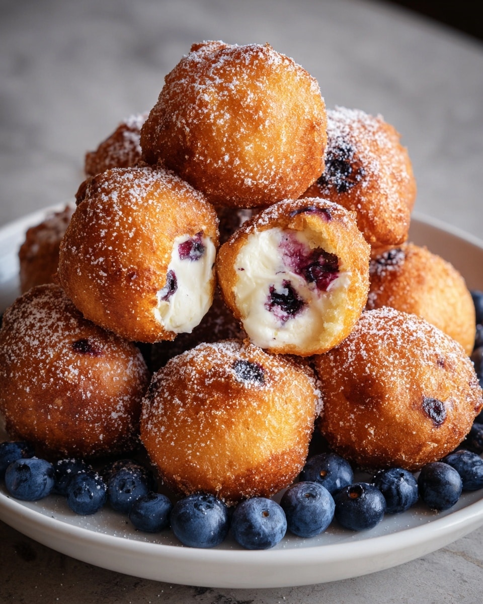 A white plate holds a pile of golden-brown fried dough balls filled with a creamy white filling and some with visible dark purple blueberry spots on their surface, sprinkled lightly with powdered sugar. Around the base of the dough balls is a ring of fresh, plump blueberries, adding a deep blue color contrast to the warm tones of the fried dough. The texture of the dough balls is crispy and rough, with some areas showing where the filling or blueberries peek through. The plate rests on a white marbled textured surface. photo taken with an iphone --ar 4:5 --v 7
